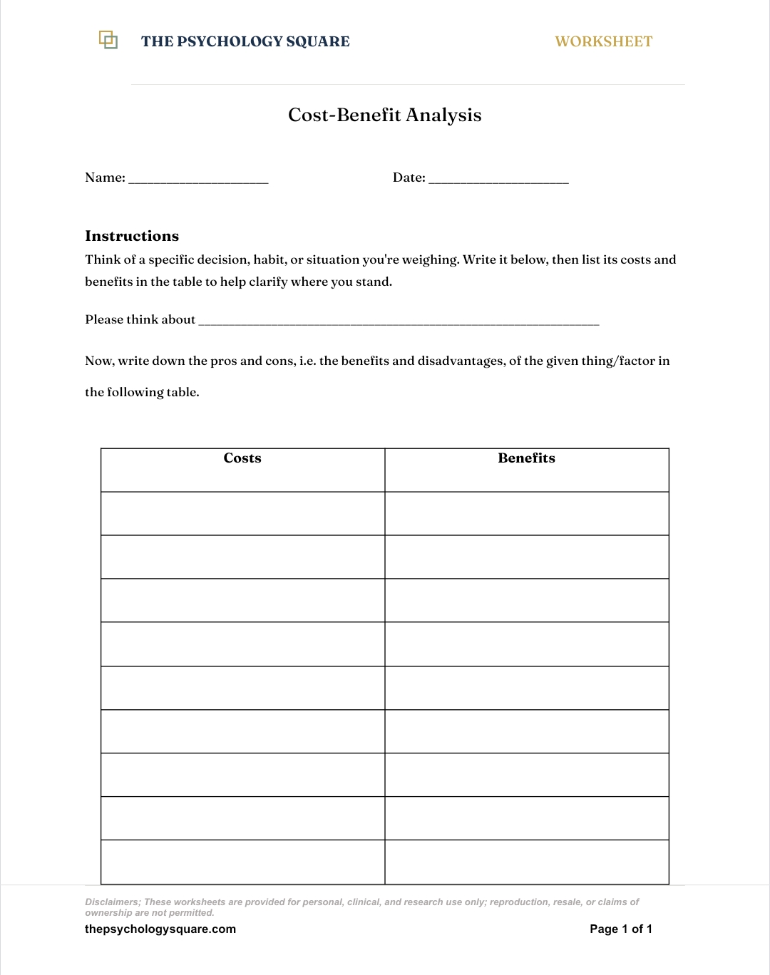 Cost-Benefit Analysis Worksheet