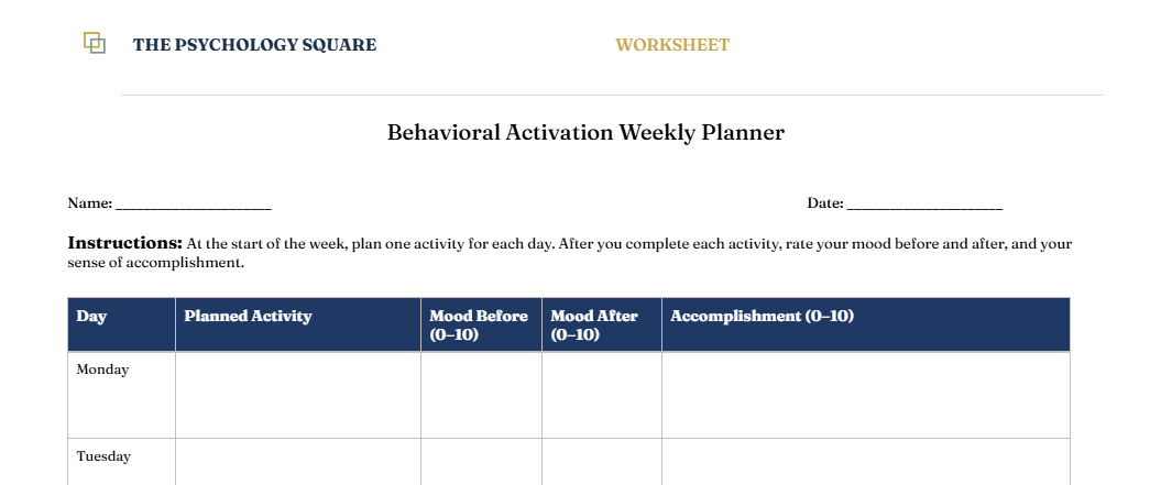 Behavioral Activation Weekly Planner - Worksheet