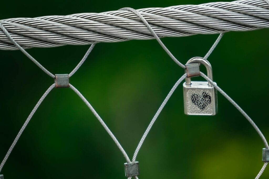 A close-up of a heart-engraved padlock on a metal wire fence with a lush green background.